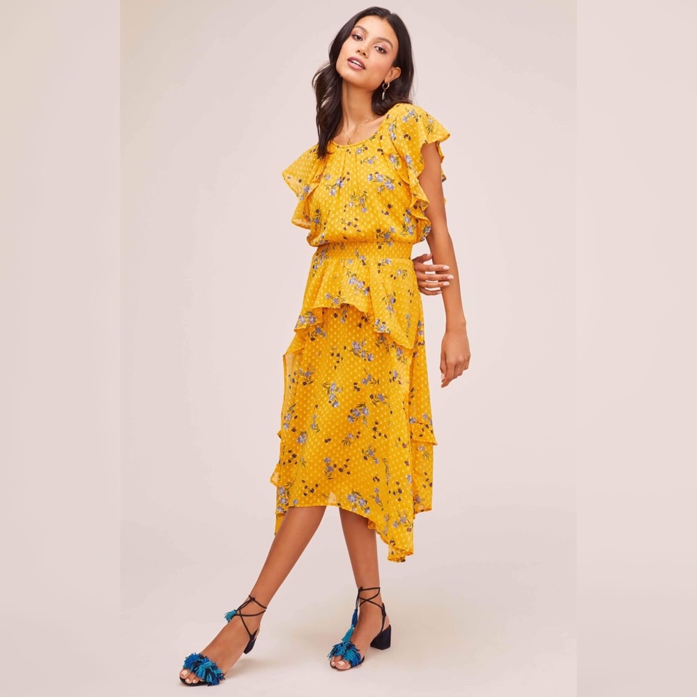 ASTR Sheila Floral Ruffle Midi Dress Yellow Size Medium NWT